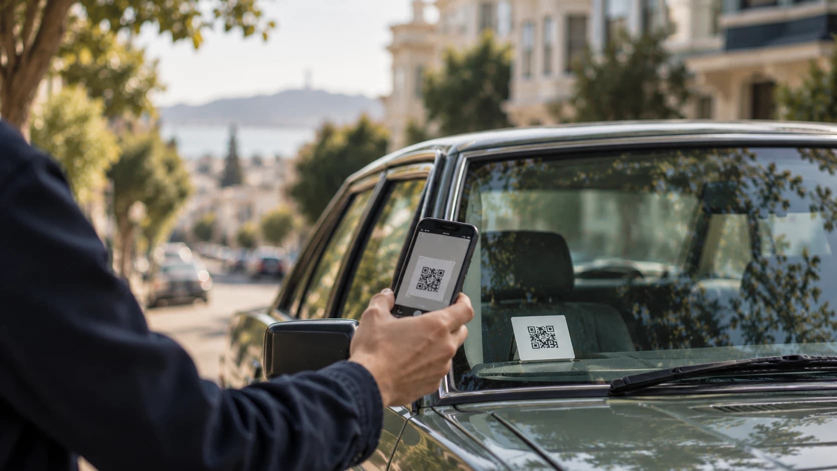 A neighbor scans the Honk code on a parked car's dashboard with their phone, on a San Francisco street.